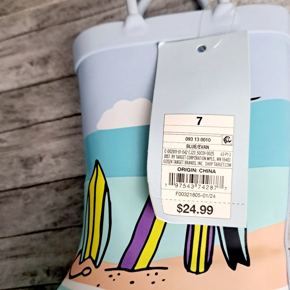 Cat & Jack Boy's Evan Blue Toddler Beach Scene Rubber Slip-on Rain Boots Sz 7